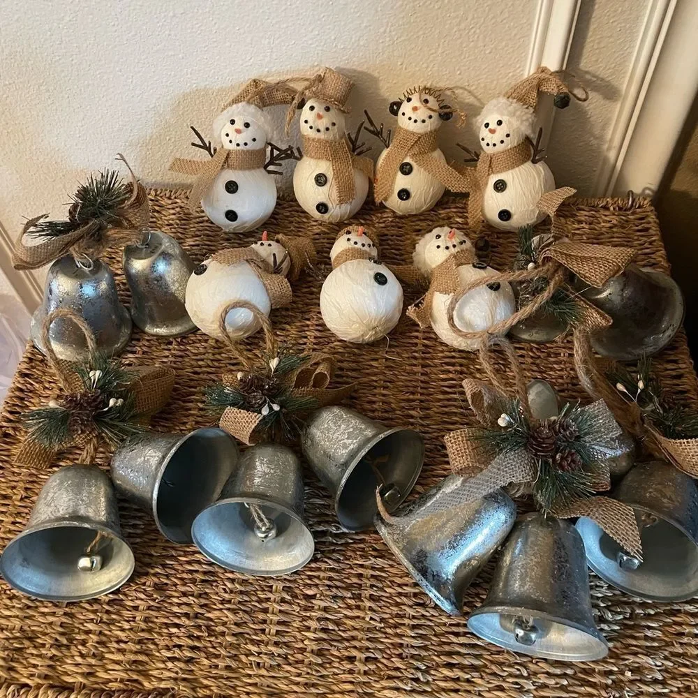 7 Paper Mache Snowman Ornaments & 6 Metal Double Bells with Faux Greenery Lot
